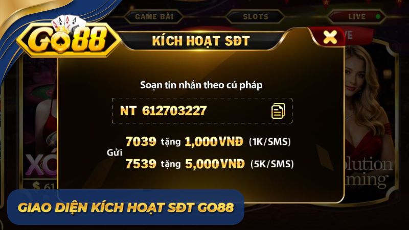 Giao diện kích hoạt SĐT GO88